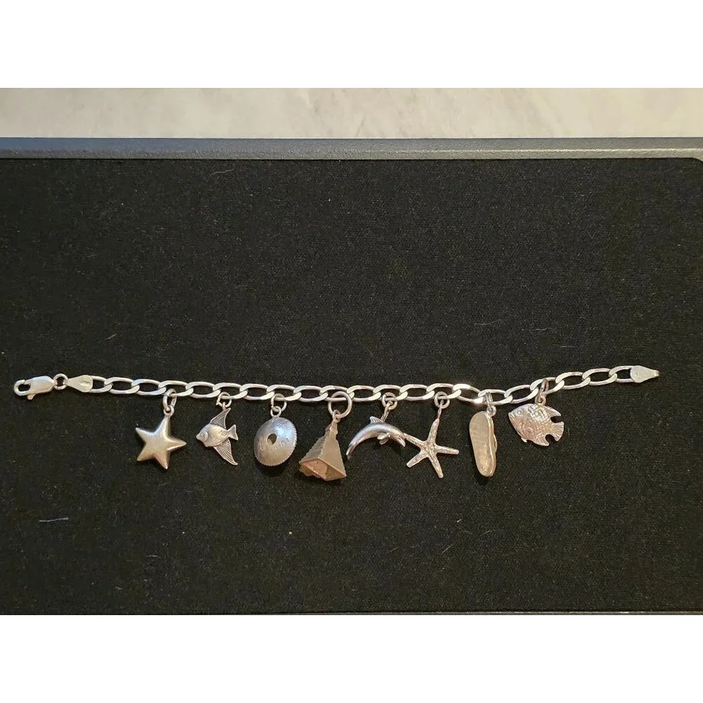 Sterling Silver Mexico Charm Bracelet With Ocean & Travel-Themed Charms‎